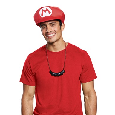 Adult Mario Hat & Mustache Necklace Costume Kit