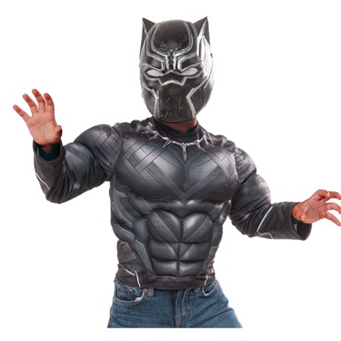 Kids Black Panther Muscle Chest Shirt & Mask Set