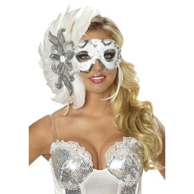 White Masquerade Feather Mask Costume Accessory