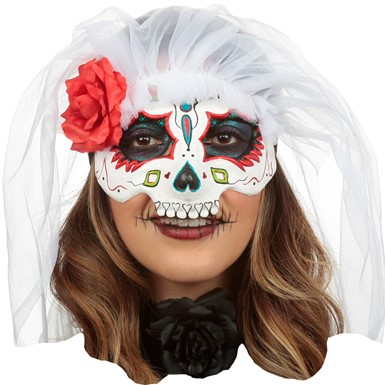 Womens Dia De Los Muertos Catrina Half Mask with White Veil